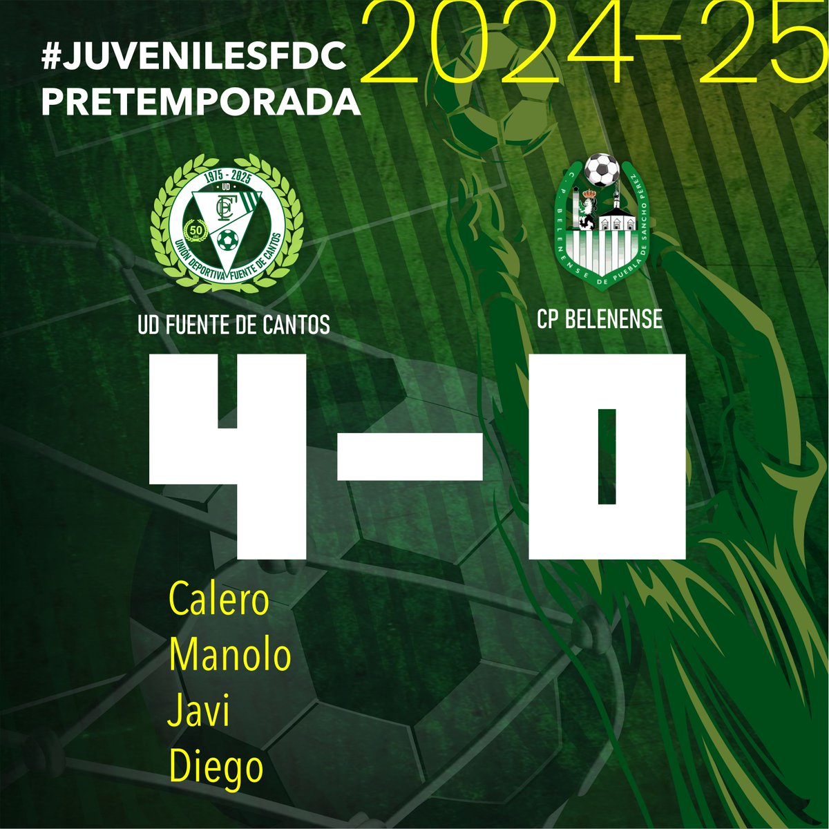 UDFDC's tweet photo. ¡Gran arranque de nuestros juveniles en su primer partido de pretemporada! Unión Deportiva Fuente de Cantos 4-0 CP Belenense. ⚽ Goles de Calero, Manolo, Javi y Diego. ¡Vamos equipo! 💪 #Juveniles #Pretemporada #VolveraCrecer #UDFdC @CPBELENENSE con @fervm17 https://t.co/lFhCQn7Er4