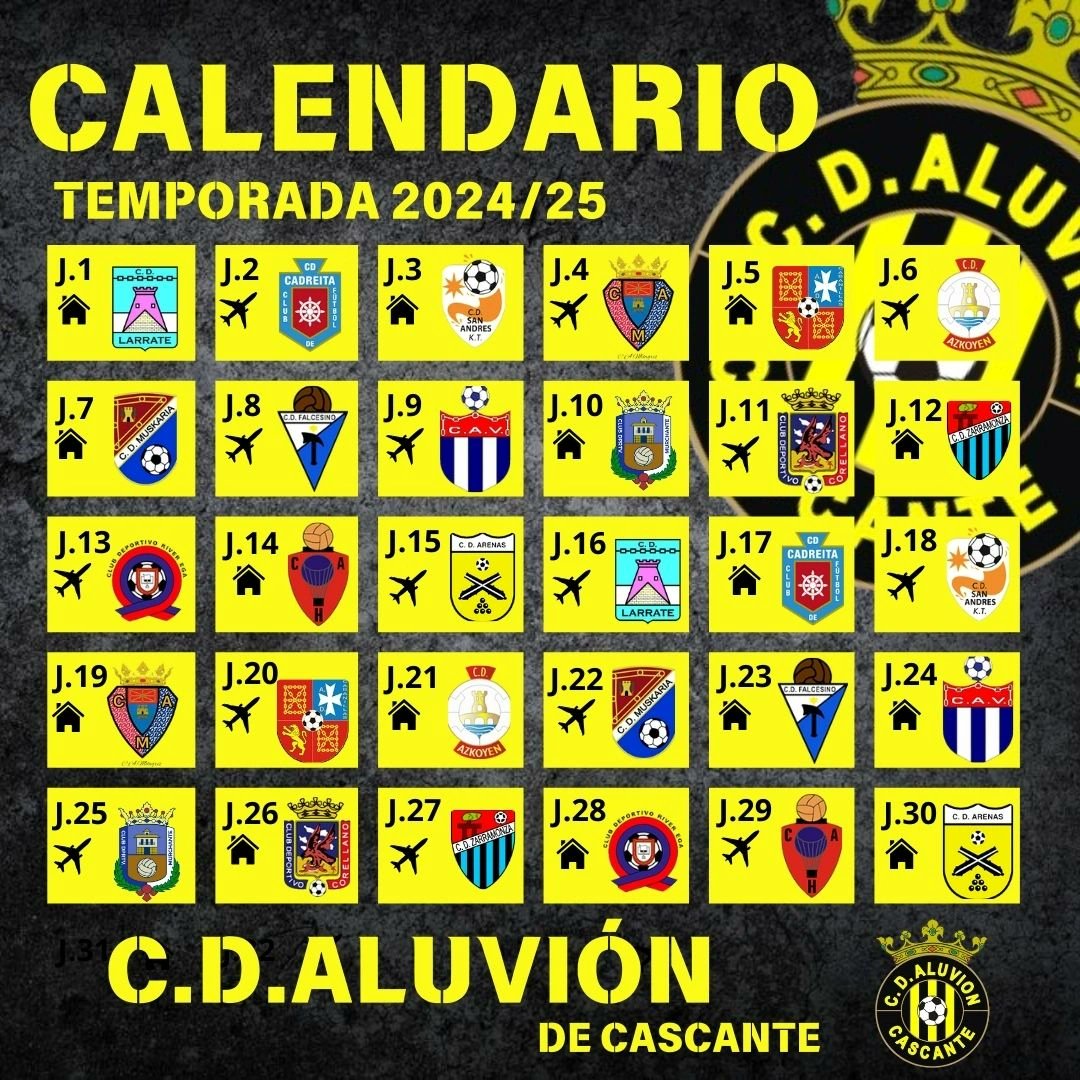 𝘾𝘼𝙇𝙀𝙉𝘿𝘼𝙍𝙄𝙊 

Ya conocemos el calendario del Grupo 2 de Regional Preferente para esta nueva temporada 2024/25.
El equipo comenzará la liga el fin de semana del 07/08 de septiembre y finalizará el fin de semana del 10/11 de mayo.

#aúpaaluvión