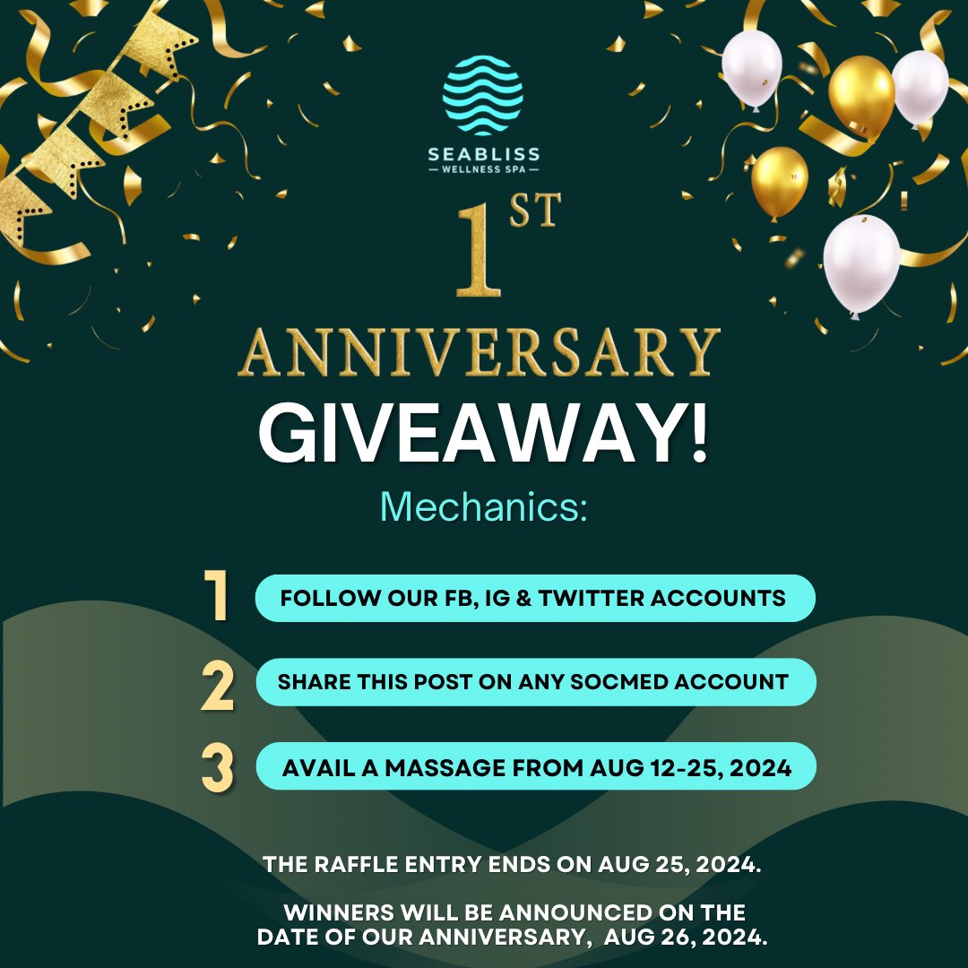 SeaBlissSPA's tweet photo. ✨𝟏𝐬𝐭 𝐀𝐧𝐧𝐢𝐯𝐞𝐫𝐬𝐚𝐫𝐲 𝐆𝐢𝐯𝐞𝐚𝐰𝐚𝐲 𝐀𝐥𝐞𝐫𝐭✨

Seabliss Wellness Spa is turning 𝗢𝗡𝗘, and we’re celebrating with all of you! 🎁 Get a chance to win one of these amazing prizes:

🥇P5,000 gift card from Lacoste
🥈P3,000 gift card from ZARA
🥉P1,500 gift card from H&M

How to Win:

1️⃣ Make sure to LIKE/FOLLOW us on 
Facebook (https://t.co/ReWJ8o5196)
Instagram (@seablisswellnessspa) 
Twitter/X (@SeablissSpa)
2️⃣ SHARE this post on any of your social media accounts. Make sure the account is on Public so that we can see it too.
3️⃣ Avail any of our massage from August 12-25, 2024. 1 massage = 1 raffle entry. More services availed, more chances of winning! 🤩

🗓️ Raffle entry ends: August 25, 2024
🎉 Winners announced: August 26, 2024, on our anniversary!

Don’t miss out on these fabulous prizes—celebrate our anniversary with us and pamper yourself at Seabliss Wellness Spa! 🌊✨

#SeablissAnniversary #Giveaway #SpaLife #CelebrateWithUs
