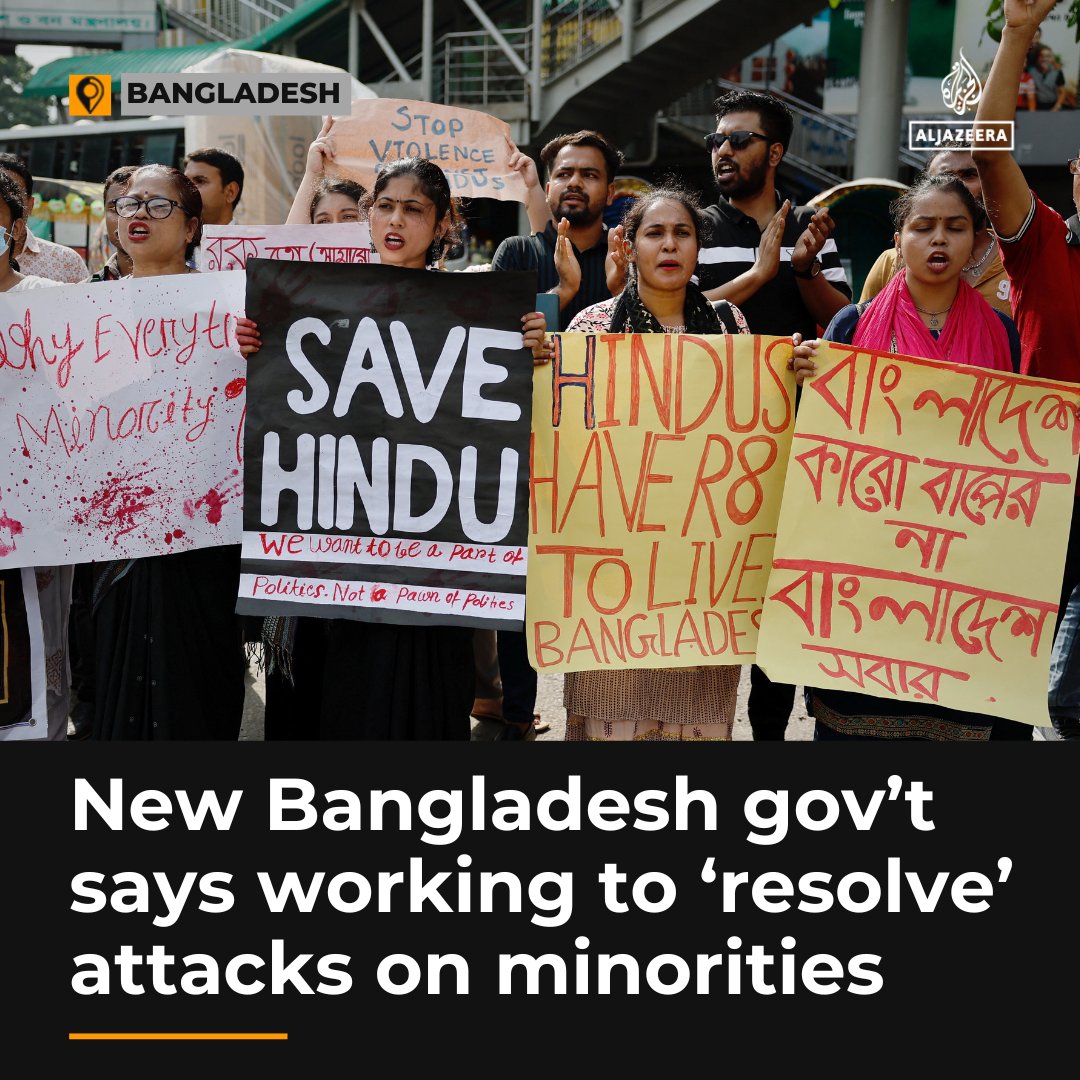 AJEnglish's tweet image. Bangladesh’s new interim government says it is working to resolve attacks on Hindus and other religious minorities reported after the ouster of PM Sheikh Hasina aje.io/yfo98i