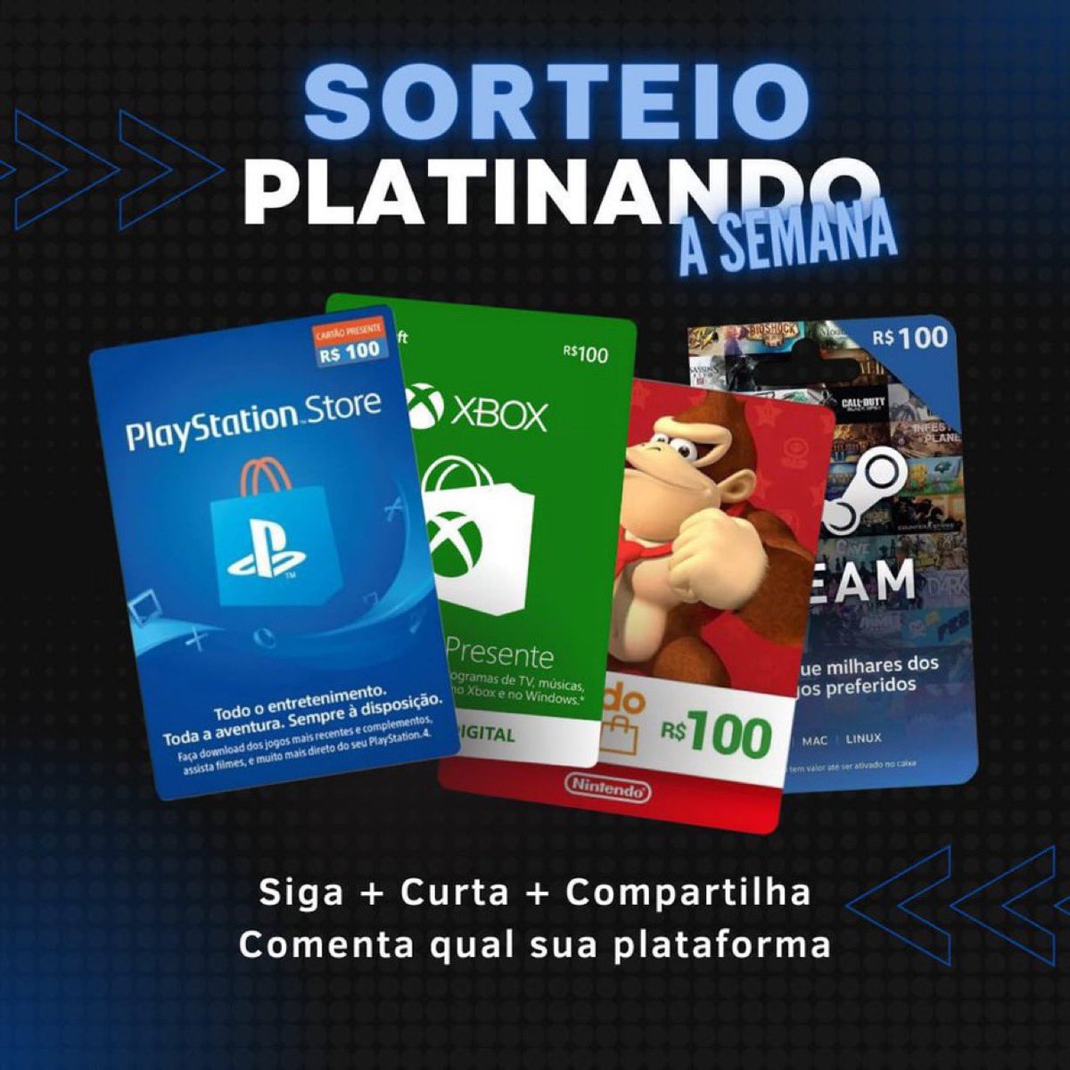 ‼️Sorteio especial Dia dos Pais do Platinando a Semana. Valendo um Gift Card a sua escolha no valor de R$100,00‼️

Para participar regras abaixo:

🟢 Seguir os seguintes perfis: <a href="/brunagd3/">Bruna G △ ○ 〤 □</a> <a href="/brunno_fast/">Brunno Fast - No Hype Por Final Fantasy Tactics</a> <a href="/AndyHitsu/">Andy Hitsu - Jogador de Videogame 💙</a> 
🟢 Like e RT no post
🔴 Não é necessário comentar no post

Sorteio