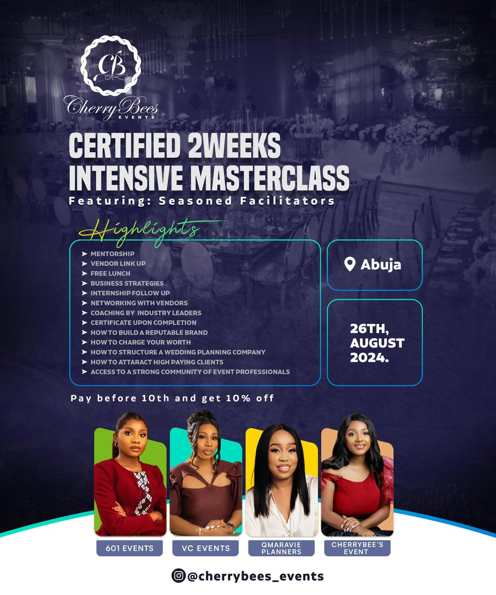 Cherryb_events's tweet photo. Event planners get in here,
Are you constantly struggling to bag the right clients?
Do you struggle to get people to pay your worth?
We have seasoned event planners as facilitators 
This Masterclass is for you. 
Register now… https://t.co/jkai3eTlN8