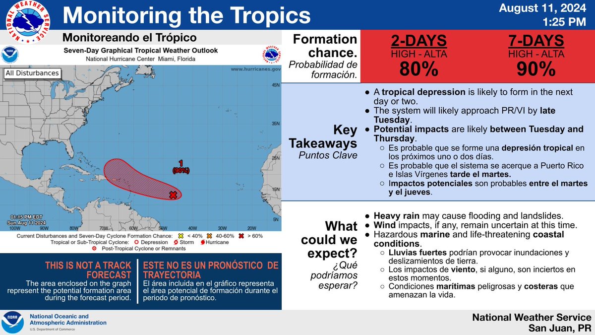 NWSSanJuan's tweet photo. Aug 11 2 PM AST- A tropical depression is likely to form within the next 1-2 days. Everyone in PR/USVI should be monitoring this system.  Es probable que se forme una depresión tropical en los próximos 1 o 2 días y todos en PR/USVI deben seguir de cerca el sistema. #prwx #usviwx https://t.co/DFfY4kv5y6