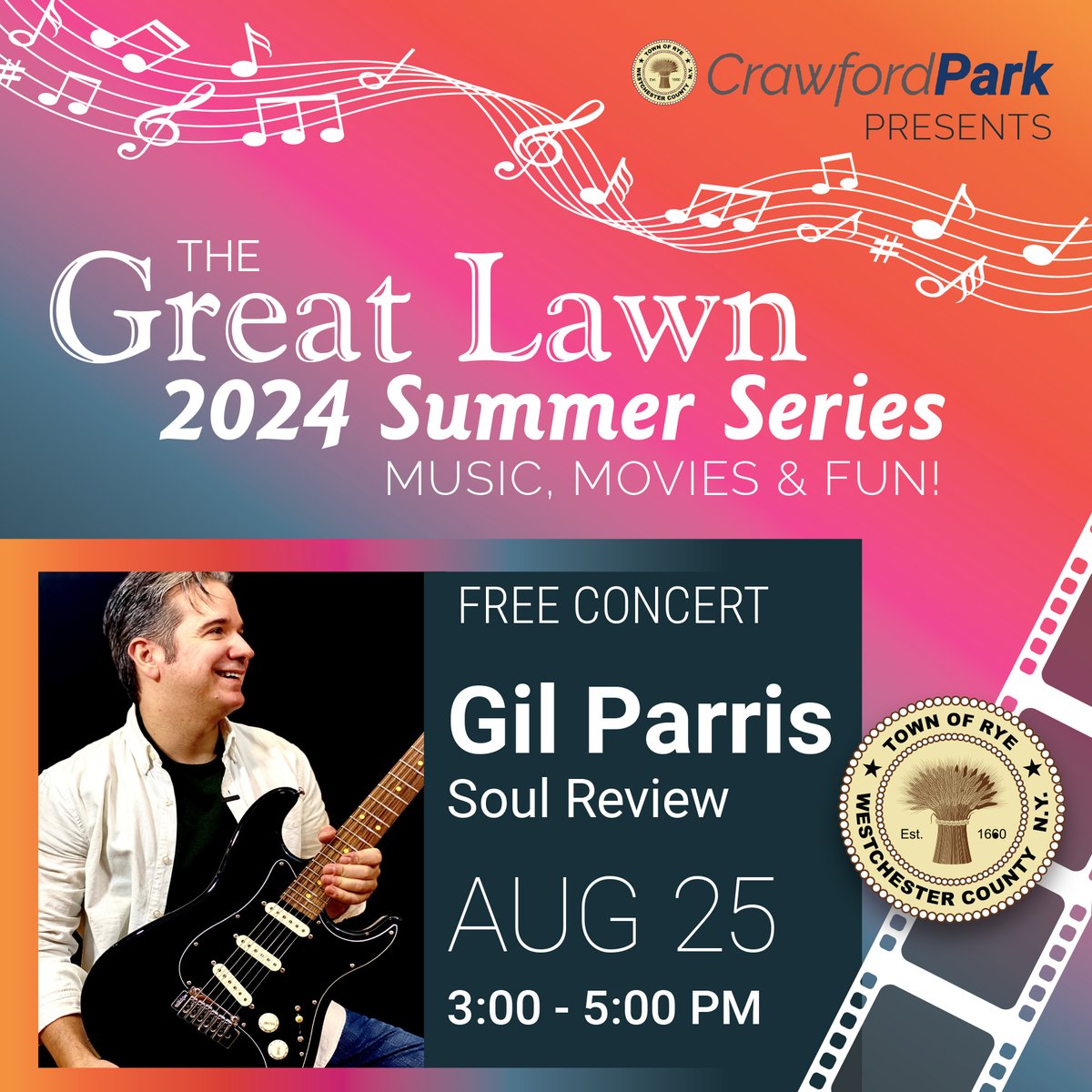 TownRye's tweet photo. THIS IS A FREE EVENT

The Crawford Park Great Lawn 2024 Summer Series rolls on Aug 25 - 3:00 pm - 5:00 pm with local hero and Grammy-nominated guitarist Gil Parris, this time bringing his Soul Review.

Bring your blankets and chairs and enjoy great music on a summer afternoon https://t.co/x3Qq0k7IQp