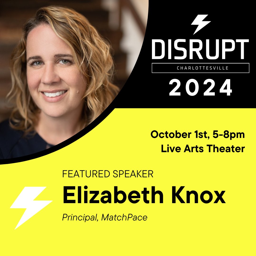 SPEAKER SPOTLIGHT: Elizabeth Knox, Principal, MatchPace

Join Elizabeth &amp; others on October 1st for a night of provocative lightning talks by Charlottesville business and community leaders about the future of work and talent. 

eventbrite.com/e/disrupthrcha…