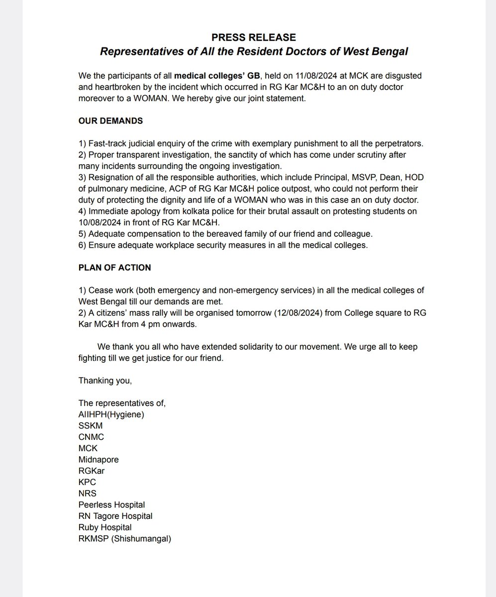 Indian__doctor's tweet photo. #KOLKATA_DOCTOR_MURDER
JOINT #PRESS_RELEASE of All WestBengal  DOCTORS

★Plan of Action - CEASE WORK (Both Emergency &amp; Non Emergency ) till our demands are met
★CITIZENS Mass Rally 
#medtwitter @MamataOfficial @narendramodi @AmitShah @AITCofficial @INCIndia https://t.co/WpkLbo9HUR
