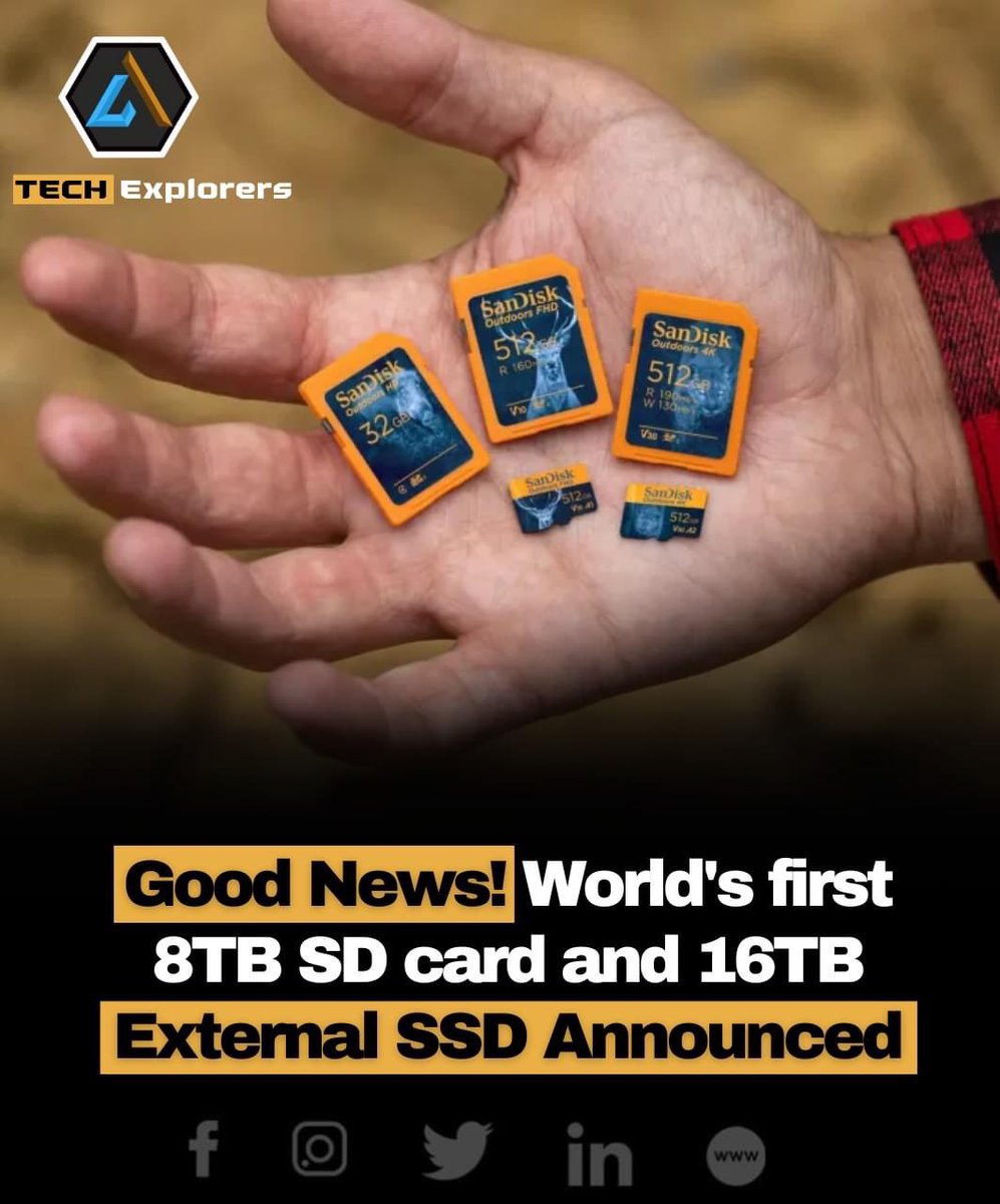 EvanKirstel's tweet image. Good news for Steam Deck owners, drone users, camera fans, and anyone else who values the convenience of having mass storage available in a portable form factor. Western Digital has announced the world&apos;s first 8TB SD card and 16TB external SSD for consumers.

#SDCard #massstorage…