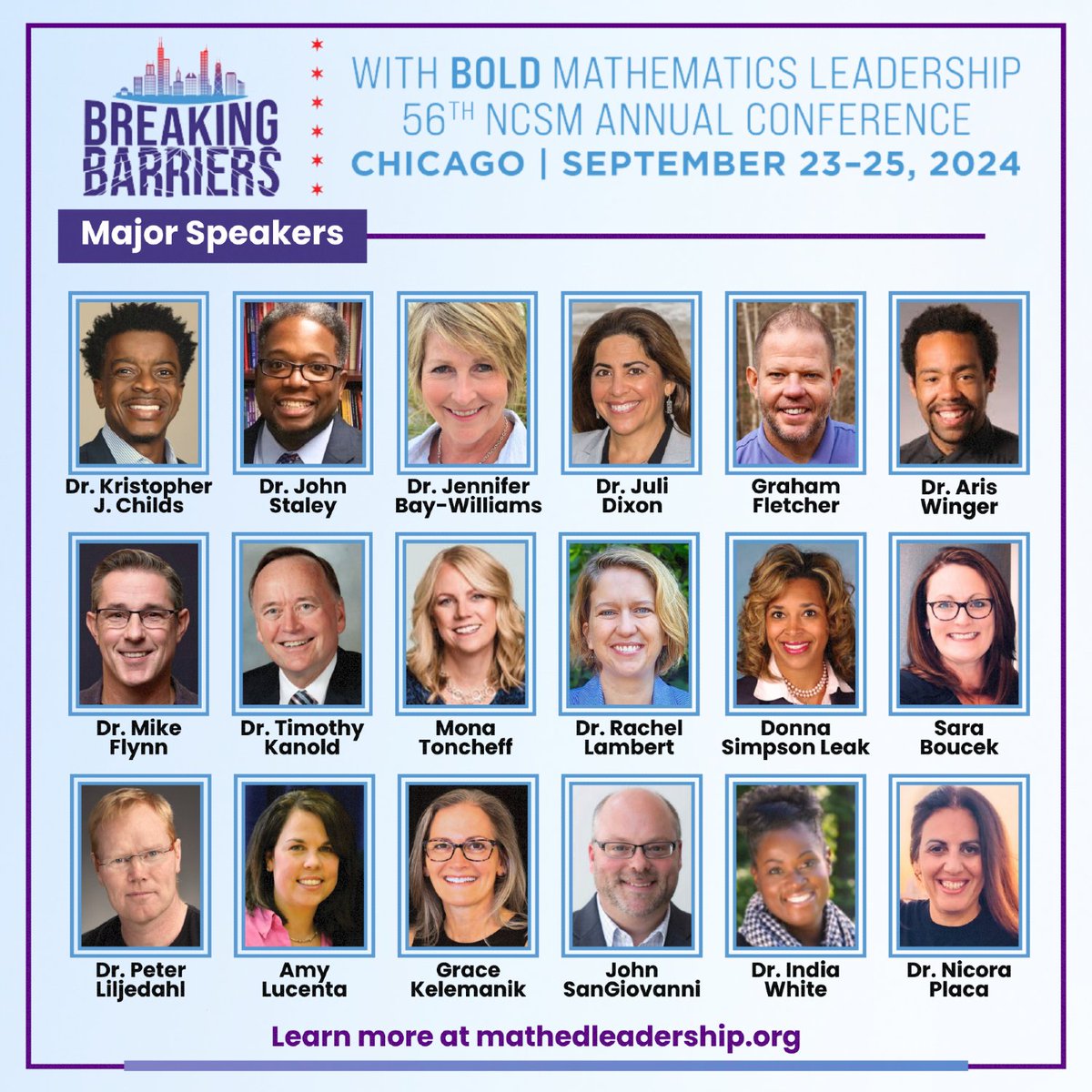 🤩 Don't miss these Major Speakers at the 56th #NCSM Annual Conference in Chicago! 

Visit mathedleadership.org/56th_annual_co… to learn more about these dynamic mathematics education leaders!

We can't wait to see you! 

#NCSMBold #AnnualConference #ileadmath