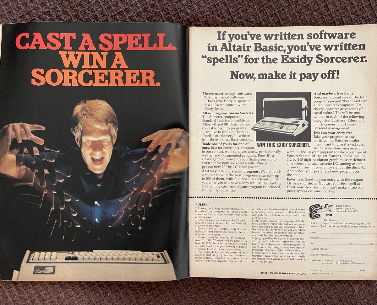 ScottApogee's tweet photo. The Exidy Sorcerer was one of those home computers I wanted as a kid. It seemed like a notch or two above the Apple 2 back then. This ad is from 1979 (Creative Computing mag). https://t.co/LJQrKZdRBE