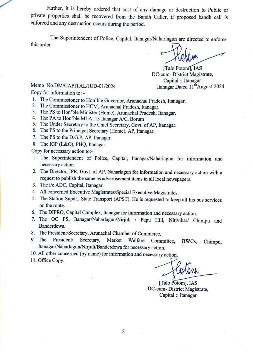 DC cum DM Capital Itanagar declares the proposed 36 hrs bandh call as illegal