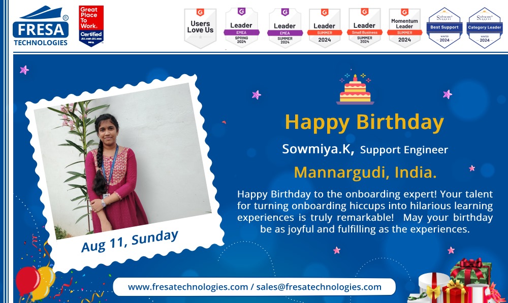 fresatechnology's tweet photo. Happy Birthday
Sowmiya. K, to Support Engineer
Happy Birthday to the onboarding expert! Your talent for turning onboarding hiccups into hilarious learning experiences is truly remarkable!
#Fresa | #RemarkableTalent | #BirthdayJoy | #BirthdayWishes | #Celebration | #Employees https://t.co/PCq8eFEnXt