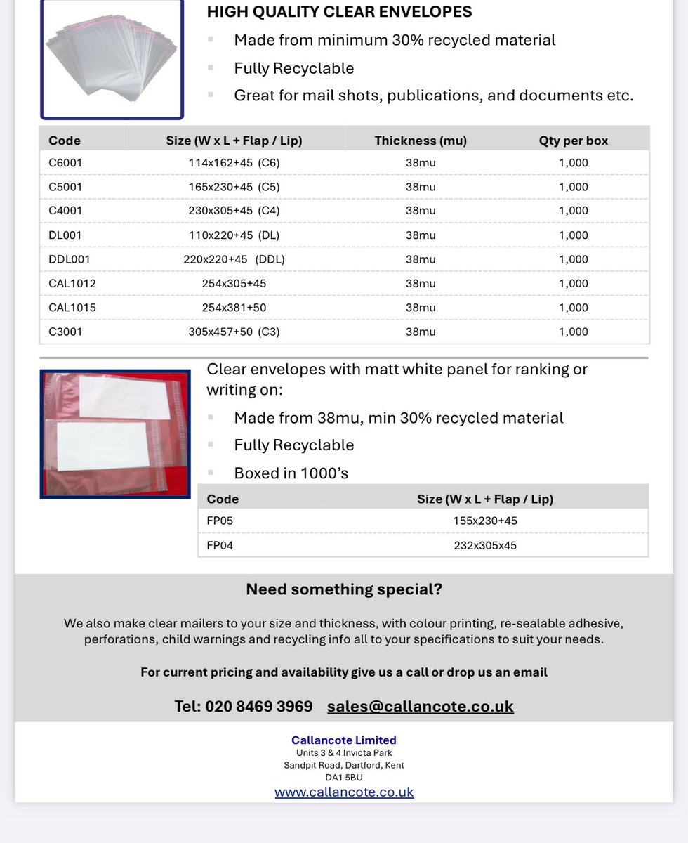 polythenemailer's tweet photo. We supply high quality clear envelopes
Great for mail shots, publications, and documents etc
& Clear envelopes with white panel for franking or writing on-Made from 38mu, #Recyclable #maderomeasure #standardsize #min30percentrecycledmaterial #se8 #dartford https://t.co/7VfySDF637
