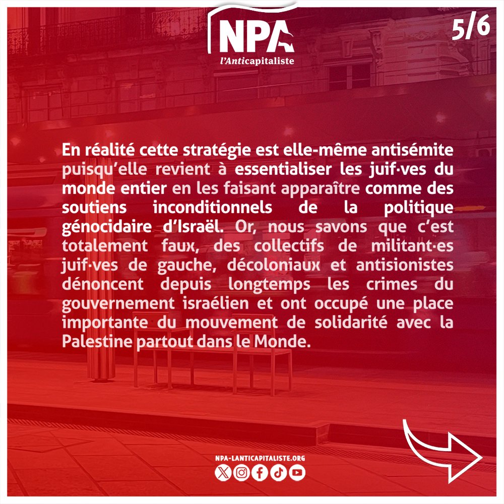 En réalité cette stratégie est elle-même antisémite puisqu’elle revient à essentialiser les juif·ves du monde entier en les faisant apparaître comme des soutiens inconditionnels de la politique génocidaire d’Israël. Or, nous savons que c’est totalement faux, des collectifs de militant·es juif·ves de gauche, décoloniaux et antisionistes dénoncent depuis longtemps les crimes du gouvernement israélien et ont occupé une place importante du mouvement de solidarité avec la Palestine partout dans le Monde.