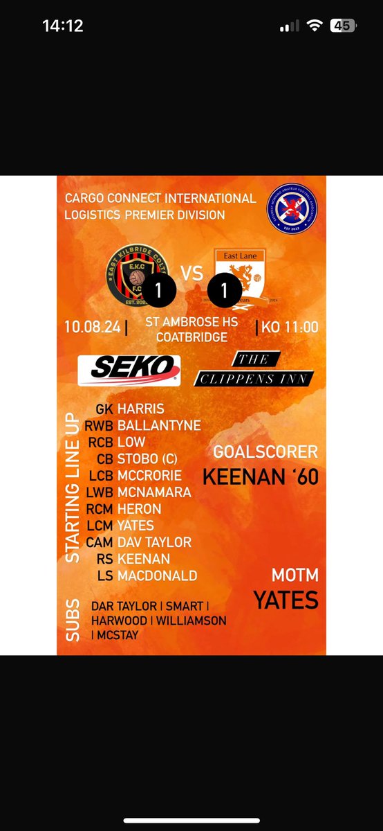 EastlaneAFC's tweet photo. First league game of the prem season
1-1 with a good EK Colts side👏🏻
JK scoring on his league debut ⚽️
Waldo MOTM on his league debut 🚬

Next game 
Cup ( A ) AS Airdrie 15/08/2024 https://t.co/XPvist04Hq