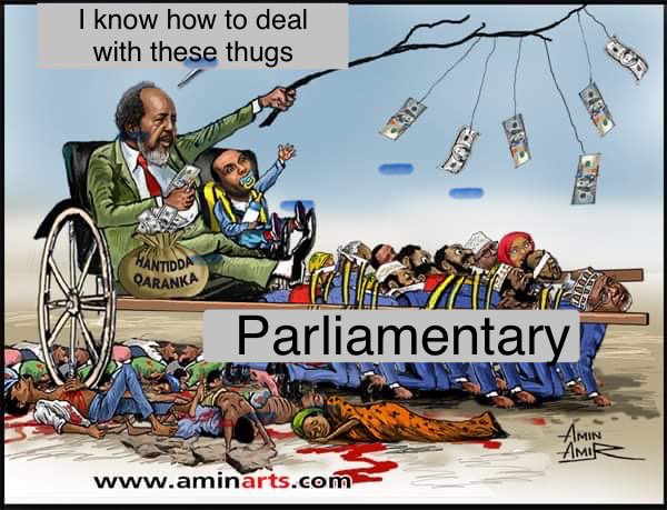 Abdisalamguled's tweet photo. In his latest work, renowned Somali political cartoonist Amen Amir captures the essence of Somalia's turbulent political landscape. 

The illustration depicts Somalia’s Federal President HSM riding a donkey cart, steered by parliamentarians, all in pursuit of money dangling from a fishing hook. The cart has crashed and driven over Somali people, emphasizing the detrimental impact of corruption on the populace. 

The cartoon further illustrates that these lawmakers passed government bills without thinking or even reading them, highlighting the careless legislative process. This striking visual commentary underscores the pervasive influence of money in the political arena, suggesting that Somali lawmakers are often driven by financial incentives rather than genuine public service.