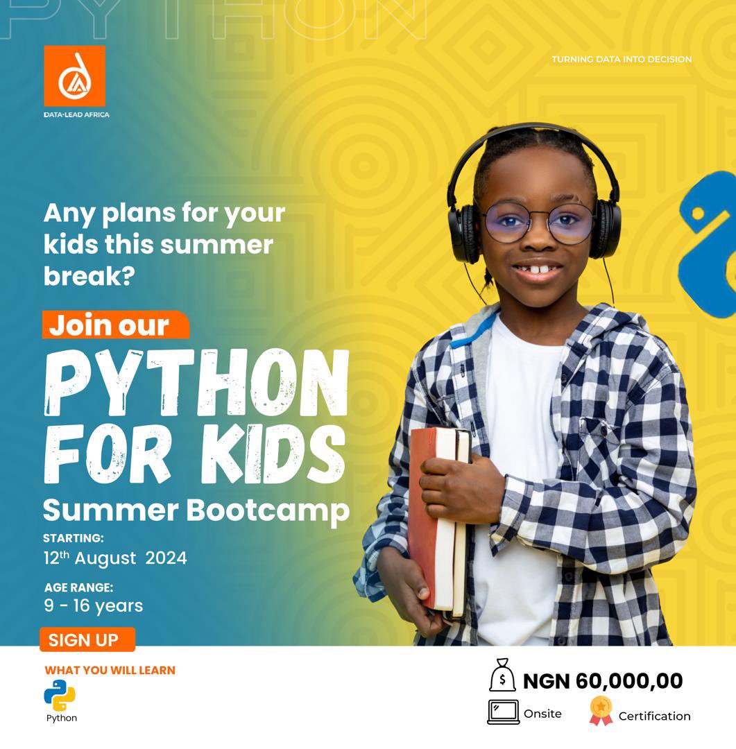 DataLead_Africa's tweet image. Our Python for Kids Summer BootCamp starts TOMORROW at 10 am! 🥳
Parents, bring your kids and register them at our office. We can’t wait to see them learn and grow!
Fee N60,000
Address Block F, 3rd floor, BassanPlaza, Central Business District Abuja.
#PythonForKids #tech