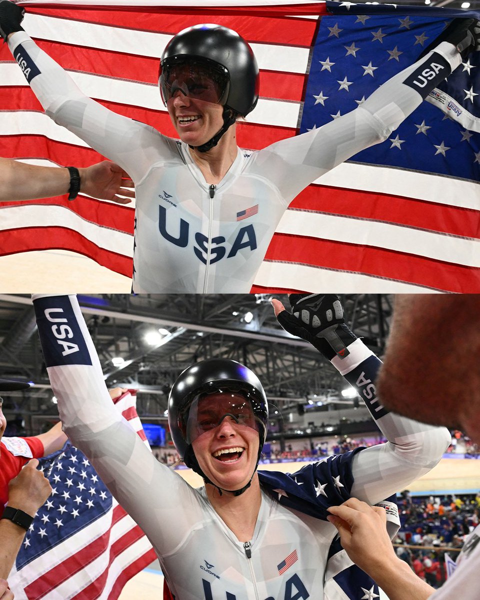 NBCSCycling's tweet photo. Jennifer Valente wins her fifth Olympic medal to become the most decorated Olympic medalist in U.S. women’s cycling HISTORY! #ParisOlympics https://t.co/jX2wToovIj