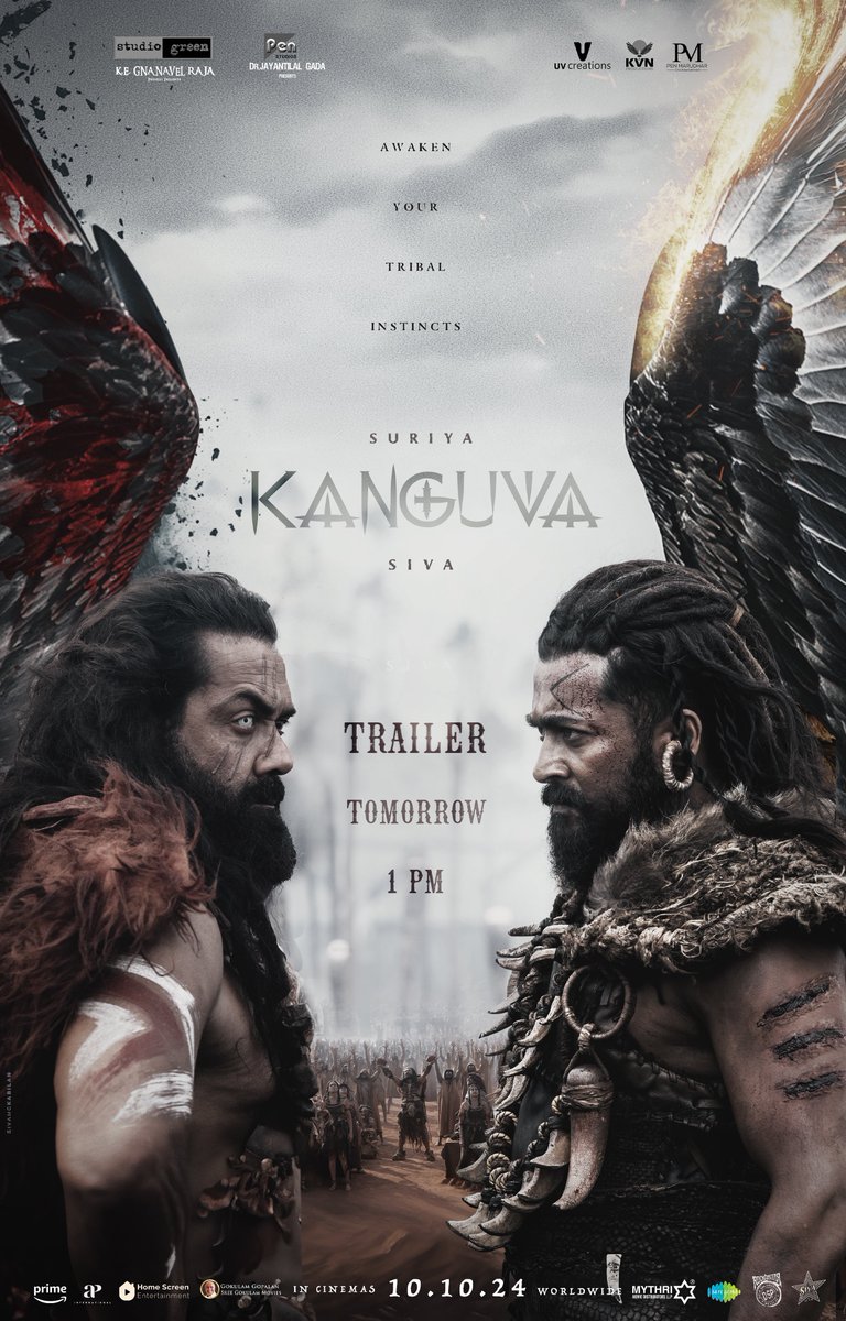 KvnProductions's tweet photo. Brace yourselves for the King's Wrath &amp; Glory🗡️

Unveiling the grand #KanguvaTrailer tomorrow at 1 PM 🔥

#Kanguva #KanguvaFromOct10 🦅
@Suriya_offl @thedeol @directorsiva @DishPatani @ThisIsDSP @StudioGreen2 @GnanavelrajaKe @vetrivisuals @supremesundar @UV_Creations https://t.co/da2mqbC3Qy