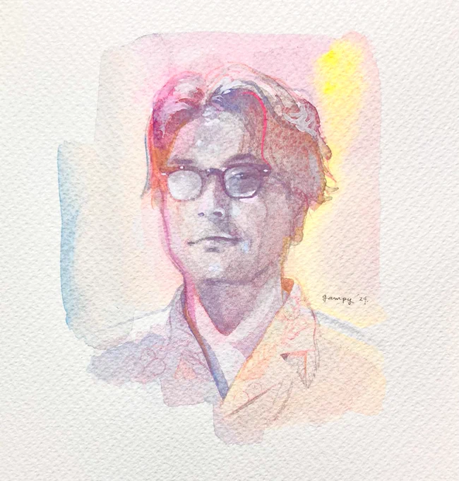 KIRINJIの堀込高樹さんのファンアートを蛍光色の絵具を薄めて描いてみましたよ。#kirinji #fanart #watercolor#watercolorillustrations 