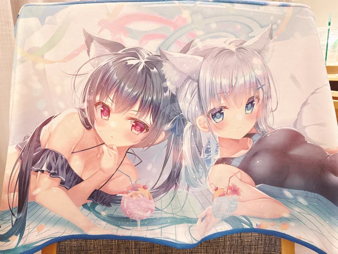 初のブルアカグッズですーーー!!やっと作れた!夏らしく水着のシロコちゃんとセリカちゃんを描きました!映ってないけどフードもばっちりついてますよ!タオルが前にくる部分にはホックをつけてもらいましたので、両手も空いて楽々!あと素材が面白いから是非触ってみて欲しい!! 