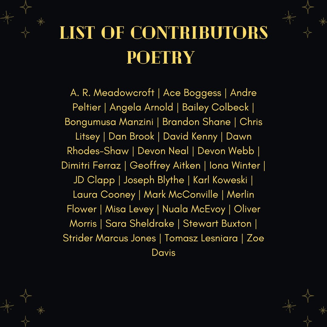 🌟LIST OF CONTRIBUTORS FOR ISSUE 1🌟

5 days until publication! 

Thank you to our amazing contributors for being a part of Underbelly Press's inaugural issue 🖤