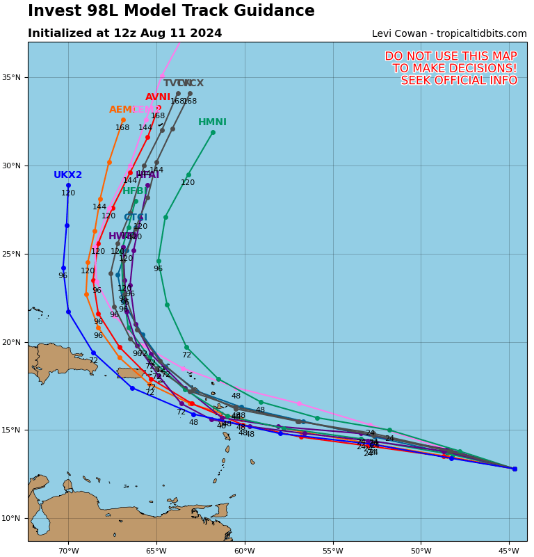 Sunday AM 12z spaghetti models on tropicaltidbits.com. Close for the islands before likely turn north. Models close to Bermuda end of the week to watch. spaghettimodels.com