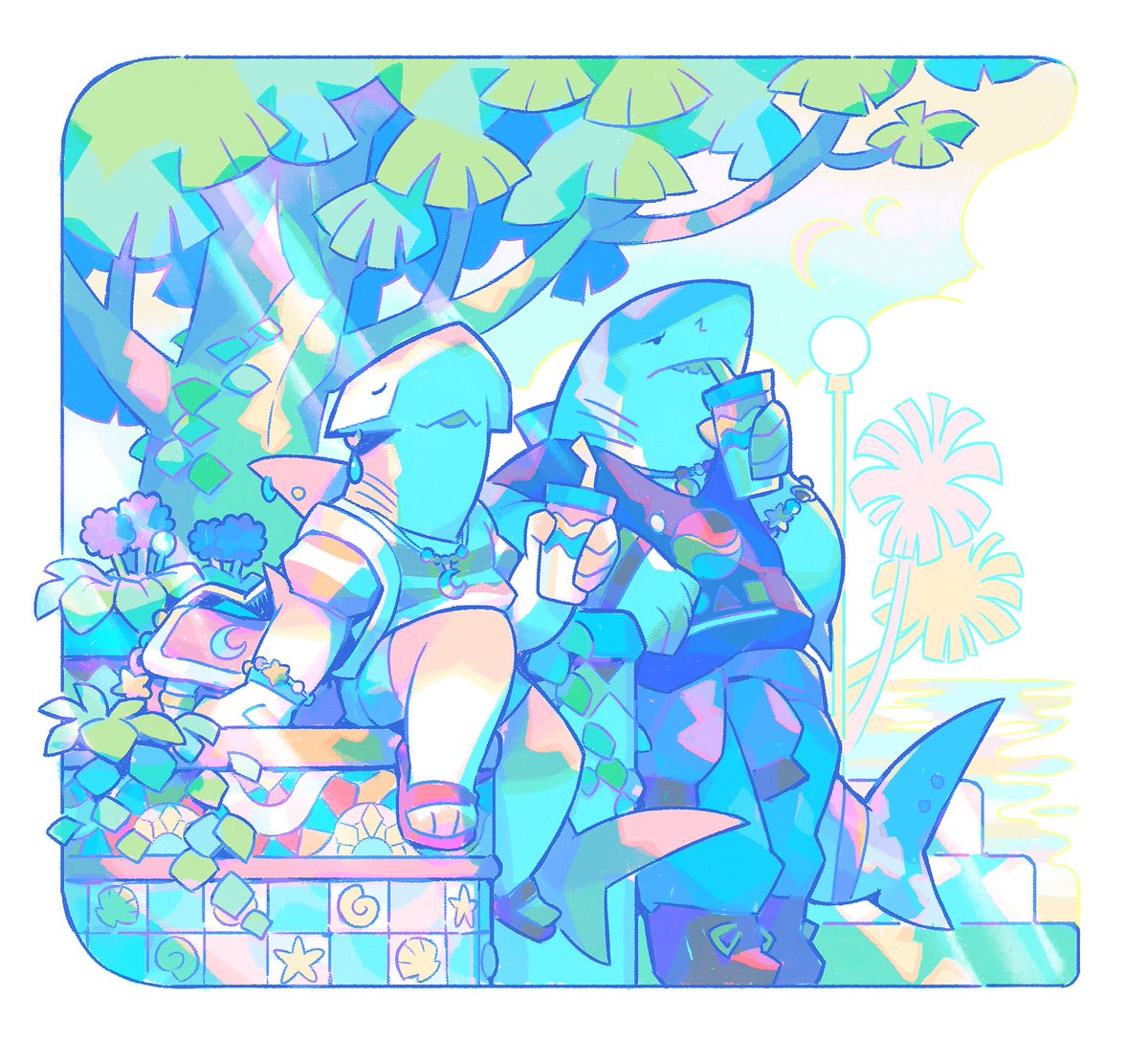 Requinoesis's tweet photo. Reposting old Art ~

A summer in pastel tones.⛅✨

🌙 Selena Noiteclara/Nightseer, the hammerhead shark.

☀️ Paolo Alvorada/Daybreaker, the bull shark. https://t.co/BLF3SnvREM