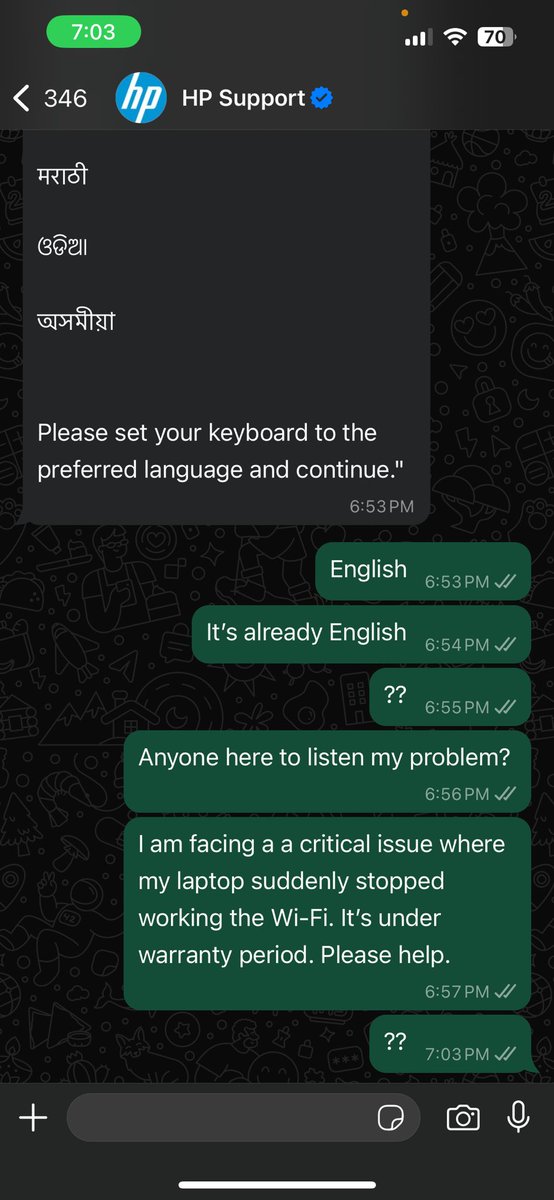 amit_birwal's tweet photo. @HPSupport Fact about HP WhatsApp 24x7 support. Good start by chatbot by later no-one there to support. Endless wait time😩😩 https://t.co/9SEpZzTPZ5