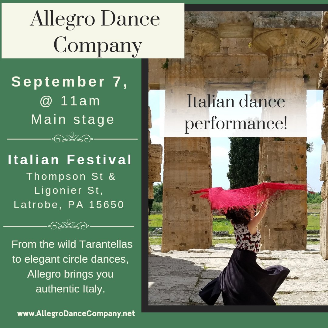 TamChronicles's tweet photo. #LatrobePa Allegro Dance Company is coming to perform September 7 @ 11am.
#italianfestival #Italiandance #saveitaliandance
https://t.co/KZy46Xg9k2 https://t.co/n1NHULx4kQ