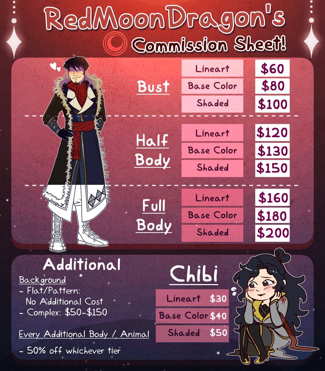 RedMoonDragon_'s tweet image. Hello everyone! My commissions are open again with easier-to-see prices now along with a new type of commission; emotes! 

Don&apos;t hesitate to get in touch with me via DM or email me with your commission request at: 

💌 RedMoonDragon.Art@gmail.com