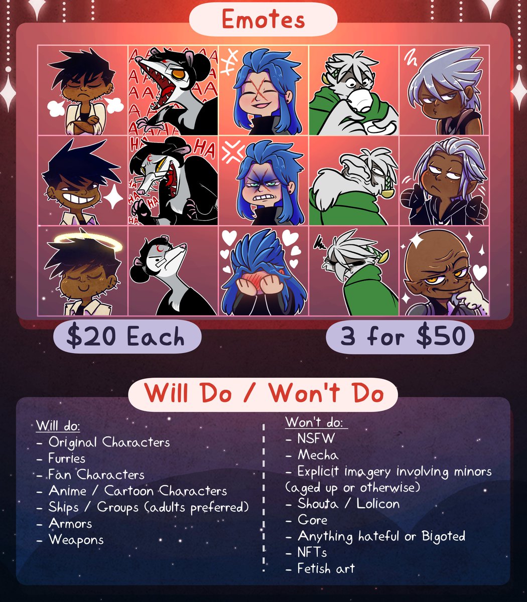 RedMoonDragon_'s tweet image. Hello everyone! My commissions are open again with easier-to-see prices now along with a new type of commission; emotes! 

Don&apos;t hesitate to get in touch with me via DM or email me with your commission request at: 

💌 RedMoonDragon.Art@gmail.com