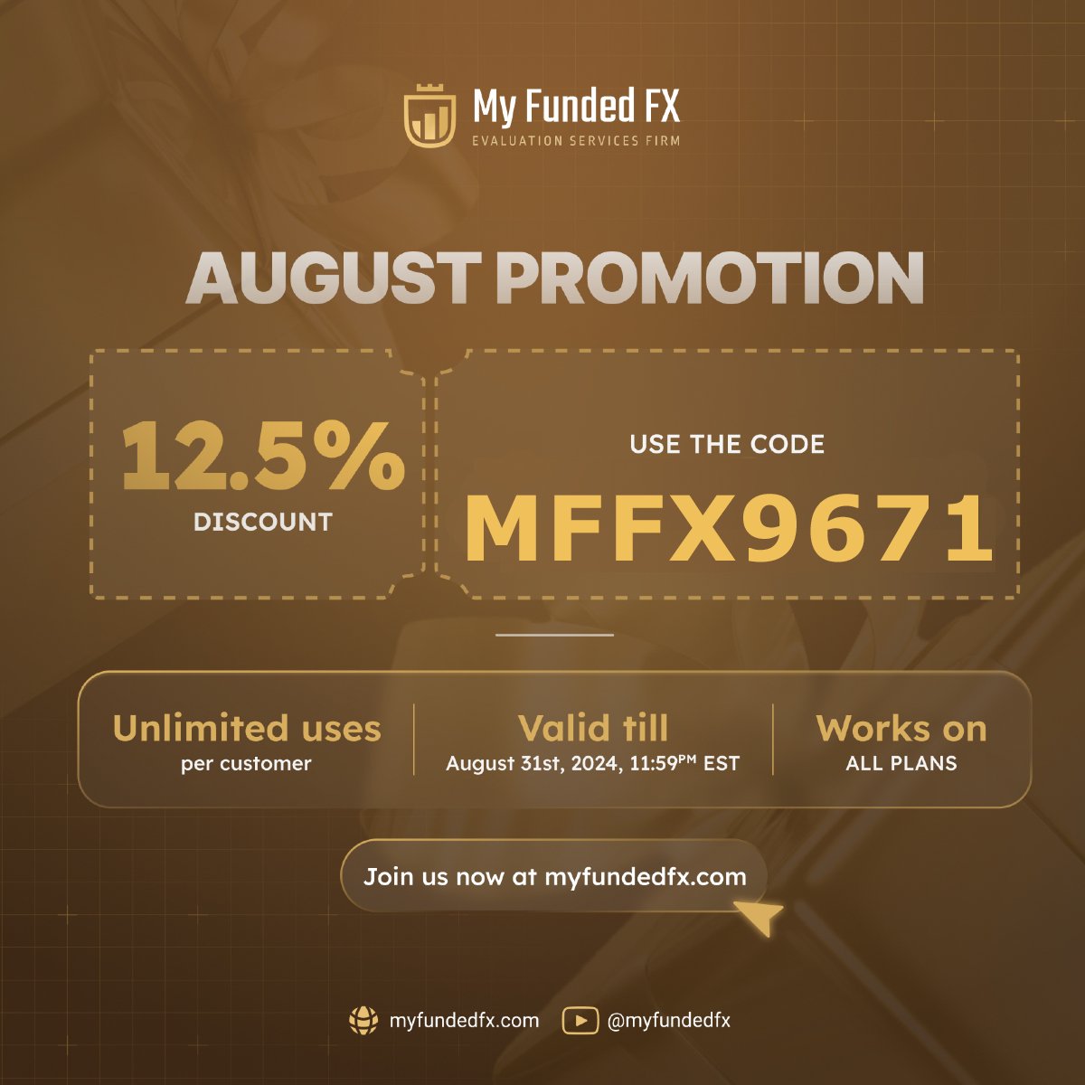 PropFirmsPromos's tweet photo. 🚀Active Promos on #MFFX
🎁12,5% OFF
👉Use the Code = MMFX9671
🔗 https://t.co/4ZTOay3uTs
📅END 08-31-2024
#Trading #discount #flash #ICT #trader #Gold $GC_F
$ES $NQ $XAUUSD https://t.co/k12Aki8oUQ