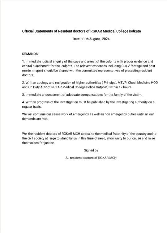 Indian__doctor's tweet photo. #UPDATE #BengalHorror 
RGKMCH Fights Back!

Resident doctors of RGKMCH declare they'll continue to ceasework in all emergency and non-emergency services until their all 4 demands are met.

#rgkarmedicalcollege
#FightBackRGKMCH #RGKAR #Kolkata https://t.co/zqTammvi4Y