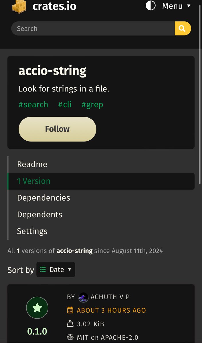 retrymp3's tweet photo. Rust is pretty  cool👌.
Published my first crate in https://t.co/Ie94cl0ULB
It’s a simplified version of grep. 

Install it with ‘cargo install accio-string’ https://t.co/Jf79tbO9fN