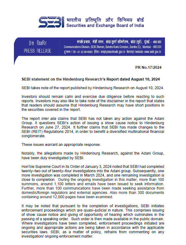 NDTVProfitIndia's tweet photo. #SEBI releases statement on #HindenburgResearch’s report.

For the latest news and updates, visit: https://t.co/NKSVSeJ1VB https://t.co/nirctFIZXJ