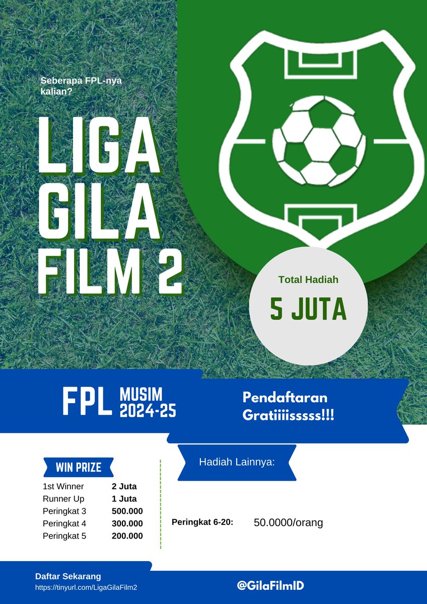 PENDAFTARAN LIGA GILA FILM 2 DIBUKA!!!! 

Well, nih yg udah nanya2 FPL LIGA GILA kapan dibuka. Nih MinGil buka. Gak banyak berubah dr tahun lalu. Utk awal silahkan RT aja dulu coz jd syarat wajib buat join liganya. Detil lainnya MinGil lanjut dibawah ya...
