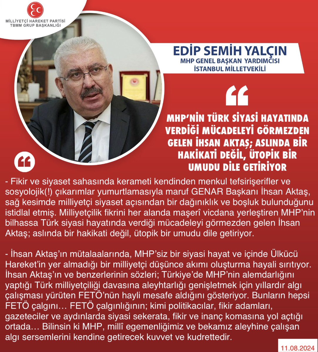 MHP TBMM Grubu #MHP (@mhptbmmgrubu) on Twitter photo MHP Genel Başkan Yardımcısı ve İstanbul Milletvekilimiz Prof. Dr. E. Semih Yalçın <a href="/E_SemihYalcin/">E. Semih Yalçın</a>: MHP’nin Türk siyasi hayatında verdiği mücadeleyi görmezden gelen İhsan Aktaş; aslında bir hakikati değil, ütopik bir umudu dile getiriyor MHP Genel Başkan Yardımcısı ve İstanbul Milletvekilimiz Prof. Dr. E. Semih Yalçın <a href="/E_SemihYalcin/">E. Semih Yalçın</a>: MHP’nin Türk siyasi hayatında verdiği mücadeleyi görmezden gelen İhsan Aktaş; aslında bir hakikati değil, ütopik bir umudu dile getiriyor