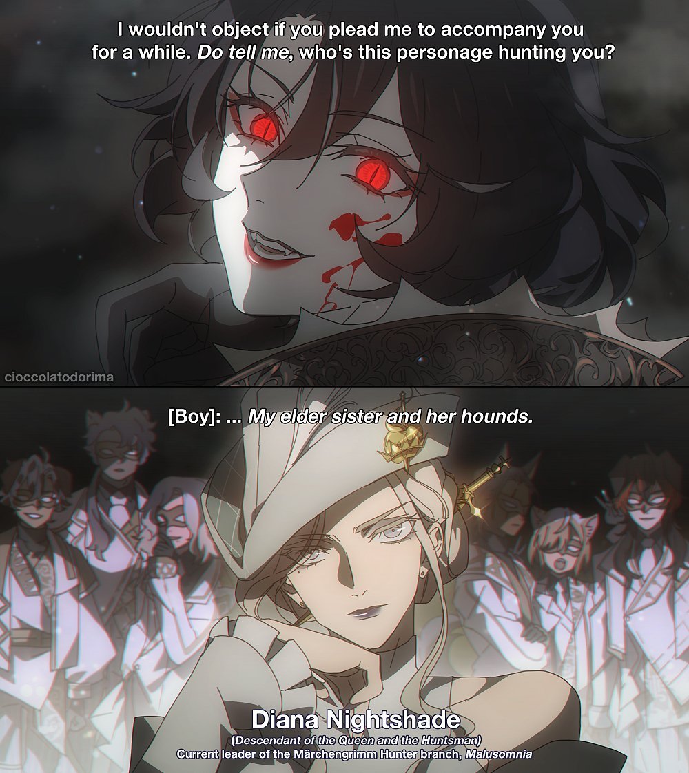 (Throwback pretend anime Illust)

Fairy tale demon Snow White fighting against the descendant of the Queen and Huntsman