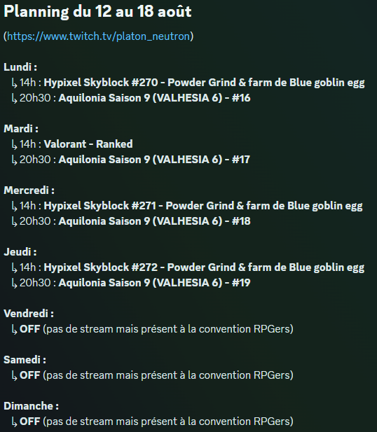 Platon_Neutron's tweet photo. Hop voici le planning de la semaine, n'hésitez pas à passer sur la chaîne : https://t.co/eai94ExQic
ou
ajouter le planning à votre calendrier : https://t.co/pOWbGA39hf
pour ne rien rater
#streaming #twitch #affiliate #twitchstreamer #twitchaffiliate https://t.co/kz1Tka1uIQ