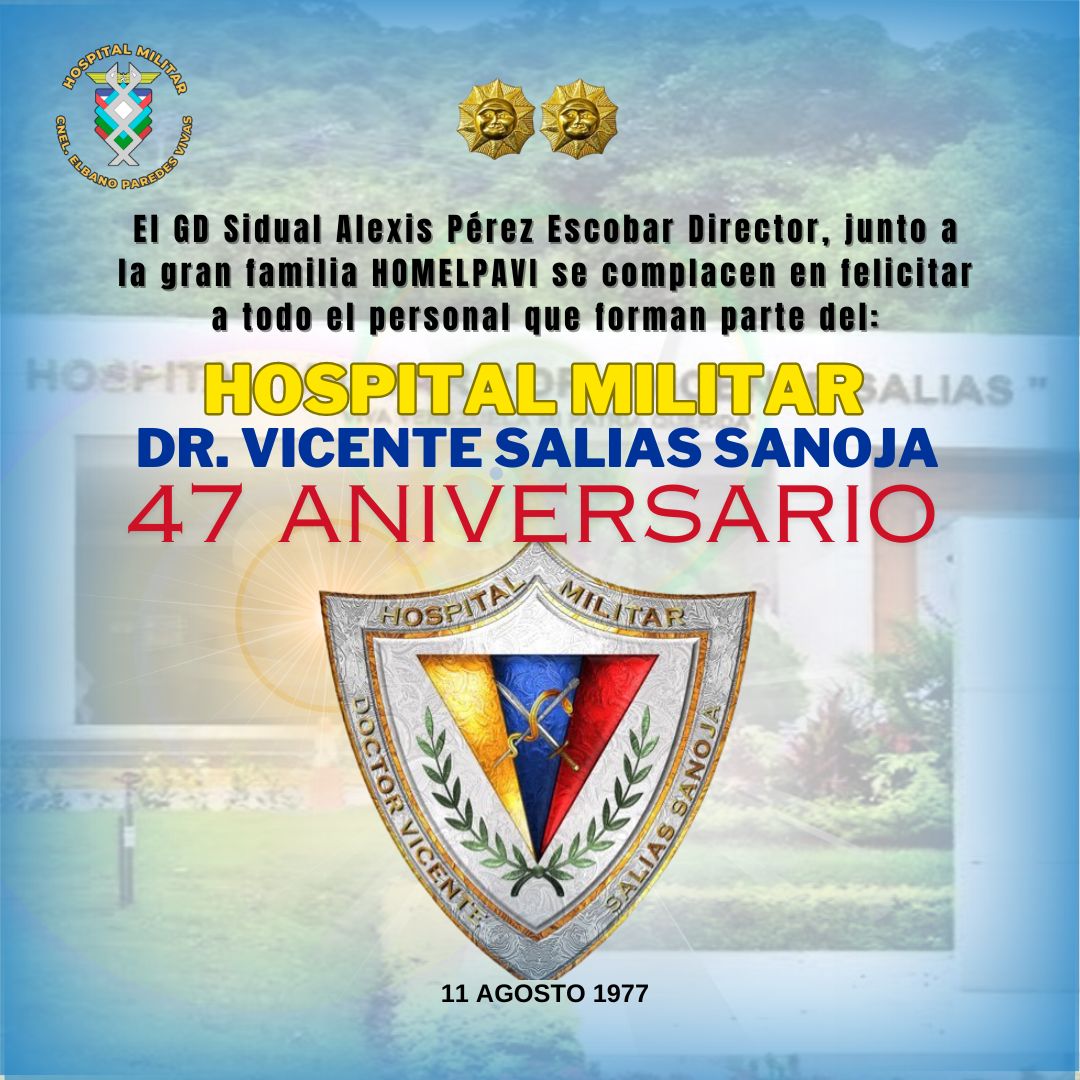 #11Ago || El GD. Sidual Alexis Pérez Escobar Director, se complace en felicitar a todo el personal que labora en el <a href="/hospimilTiuna/">Hospital Militar "Dr. Vicente Salias Sanoja".</a> por arribar a sus 47° Aniversario llevando salud a la Patria. 

¡FELICITACIONES!