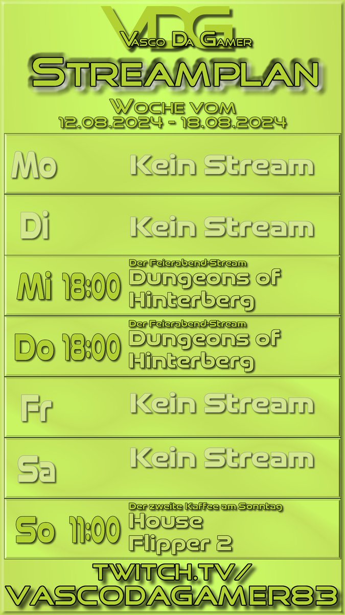 Urlaubsfeeling nächste Woche: Mi und Do geht's in die Berge in Dungeons of Hinterberg und wir klären weiter, was dort vor sich geht. So geht's an den Strand und wir bauen weiter an unserem Ferien-Resort in House Flipper 2.

Reingehen zum Reinsehen: twitch.tv/vascodagamer83