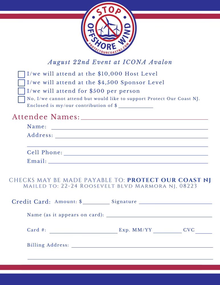 Protect Our Coast NJ (@njcoast_protect) on Twitter photo We hope to see you at the ICONA in Avalon on August 22! We have an epic program planned, including <a href="/JawsCEOQB/">Ron Jaworski</a> <a href="/DomShow1210/">Dom Giordano</a> <a href="/Congressman_JVD/">Congressman Jeff Van Drew</a> <a href="/TestaForNJ/">Mike Testa</a> <a href="/Bashawforsenate/">Curtis Bashaw</a> <a href="/mtkblb/">Bonnie Brady</a>
Please rsvp using the form below at the email address indicated.
We thank you for your support of We hope to see you at the ICONA in Avalon on August 22! We have an epic program planned, including <a href="/JawsCEOQB/">Ron Jaworski</a> <a href="/DomShow1210/">Dom Giordano</a> <a href="/Congressman_JVD/">Congressman Jeff Van Drew</a> <a href="/TestaForNJ/">Mike Testa</a> <a href="/Bashawforsenate/">Curtis Bashaw</a> <a href="/mtkblb/">Bonnie Brady</a>
Please rsvp using the form below at the email address indicated.
We thank you for your support of