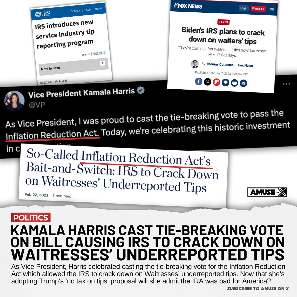 Kamala Harris bragged about casting the tie-breaking vote for the bill that allowed the IRS to crack down on service workers tips. Now she's adopting Trump's 'no tax on tips' proposal. Will she admit that her vote was a mistake and the IRA was bad for America?