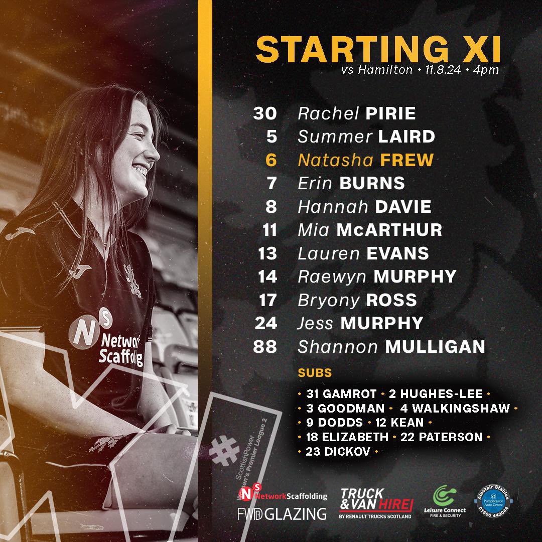 🖤 Your first Livingston starting XI of the 2024/25 <a href="/SWPL/">Scottish Women's Premier League</a> 2 season!

🫡 Natasha Frew captains the side
🆕 Debuts for Pirie, Laird and McArthur
🔙 The return of Erin Burns! 

🔔 Live updates coming from kick off at 4pm!
