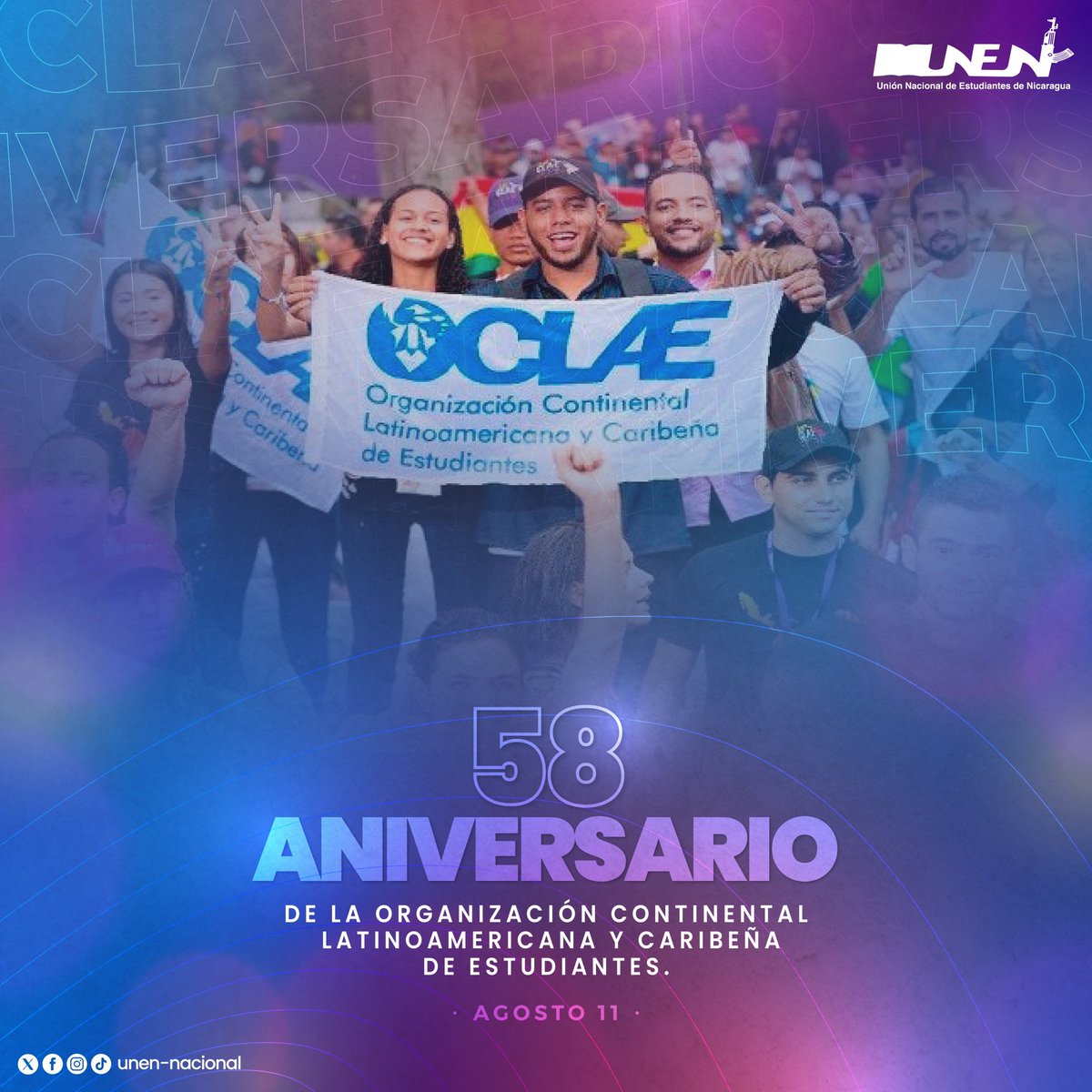 Desde la UNEN felicitamos a la <a href="/OCLAEOficial58/">OCLAE_Oficial</a> máxima representación de los estudiantes a nivel continental y una plataforma única para articular las luchas estudiantiles, por su 58 aniversario de fundación. 🌏✊🏼

#SomosUNEN  #OCLAE