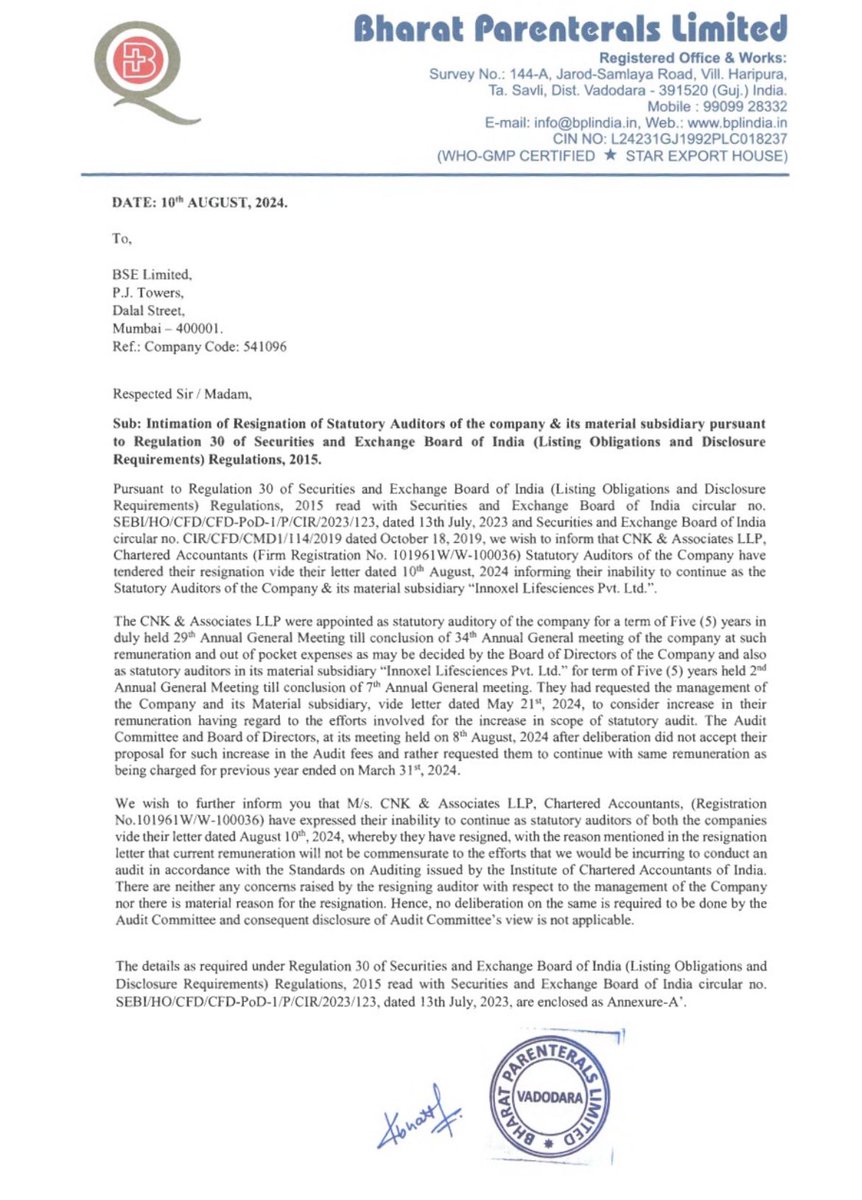 PratibhaGoyal's tweet photo. Resignation of Auditor because Company has not increased the Audit Fees. https://t.co/KUSxIVeC3x