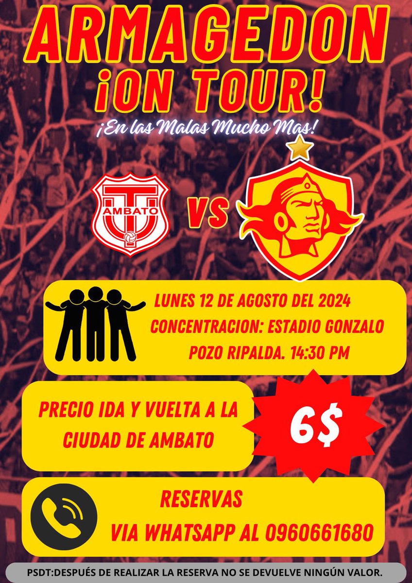 Últimos cupos, que no te lo cuenten!!!! 
Vívelo… 🟡🔴🟡
#Armagedon #AmorPorLosColores #Desde1998 #ElPapaDeLaMitadDelMundo #SoloAucas #Desde1945 #Aucas