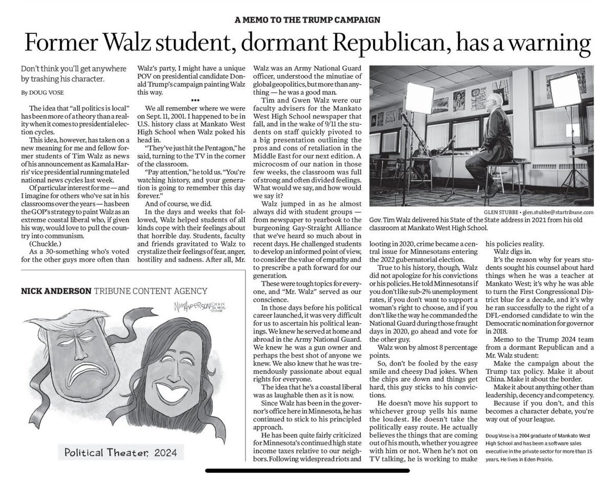 Linda Higgins (@lindaihiggins) on Twitter photo Deleted first tweet. Now trying it again
It’s hard to be a bigger fan of <a href="/Tim_Walz/">Tim Walz</a>, but this commentary in the <a href="/StarTribune/">The Minnesota Star Tribune</a> today is really powerful. <a href="/MinnesotaDFL/">Minnesota DFL Party</a> #harriswalz Deleted first tweet. Now trying it again
It’s hard to be a bigger fan of <a href="/Tim_Walz/">Tim Walz</a>, but this commentary in the <a href="/StarTribune/">The Minnesota Star Tribune</a> today is really powerful. <a href="/MinnesotaDFL/">Minnesota DFL Party</a> #harriswalz