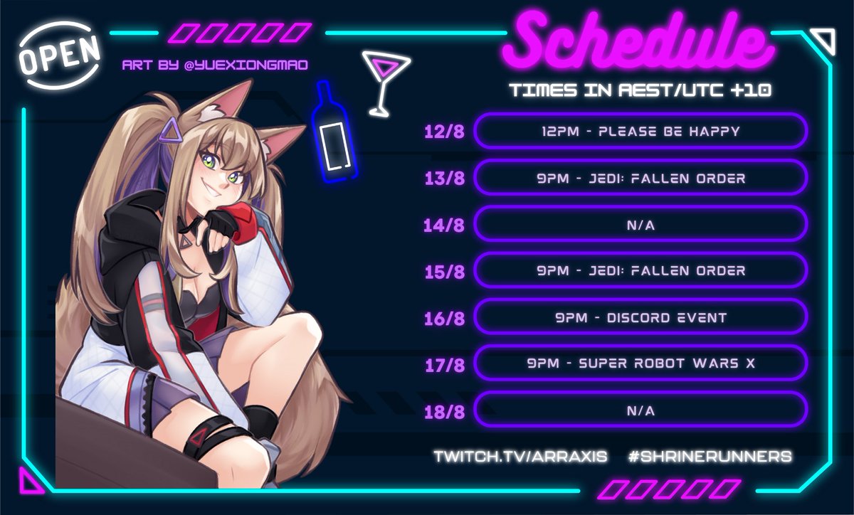ENVT_Arraxis's tweet photo. Here's my schedule for the week! Sunday I'll be away from home again for approximately a month, but I'll have my laptop and will arrange for some different streams when able. #VTuber #ENVtuber #ShrineRunners https://t.co/MImYYdS3OO