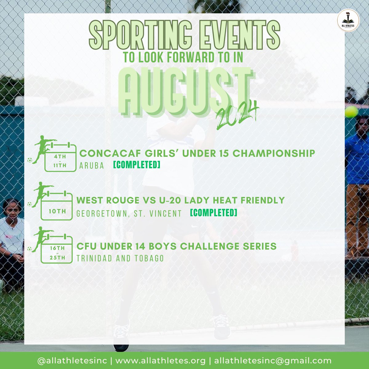 Stay in the know with all the thrilling sporting events lined up for August in St. Vincent and the Grenadines! 🌱🌟

#SportsCalendar #AllAthletesInc #ActionBringsChange